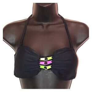 Material Girl Black Padded Halter Bikini Top Neon Pink Green Cutout Large